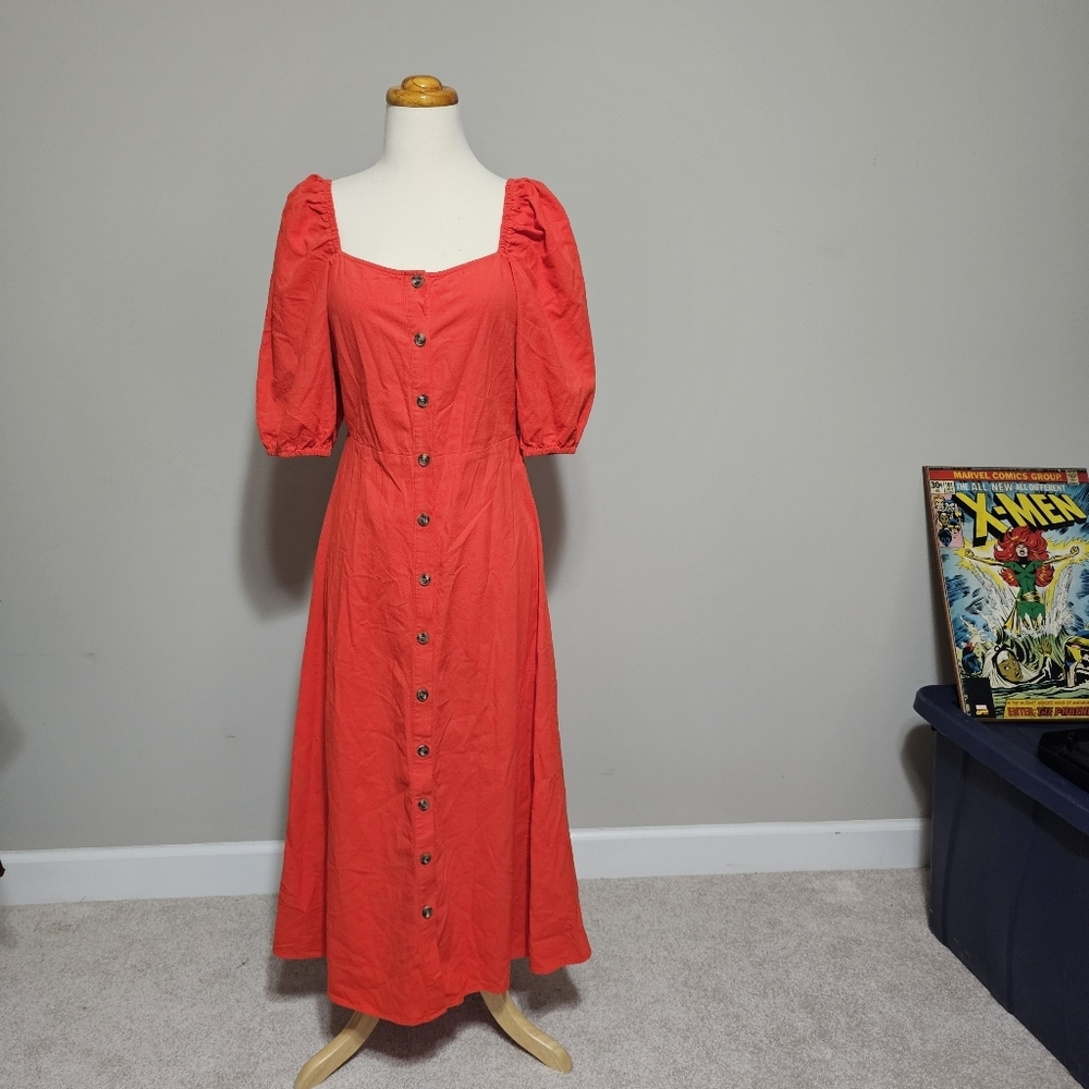 H&M Red Puff Sleeve Cotton Midi Dress XXS